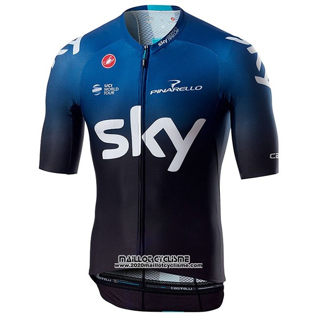 2019 Maillot Ciclismo Sky Aero Noir Bleu Manches Courtes et Cuissard